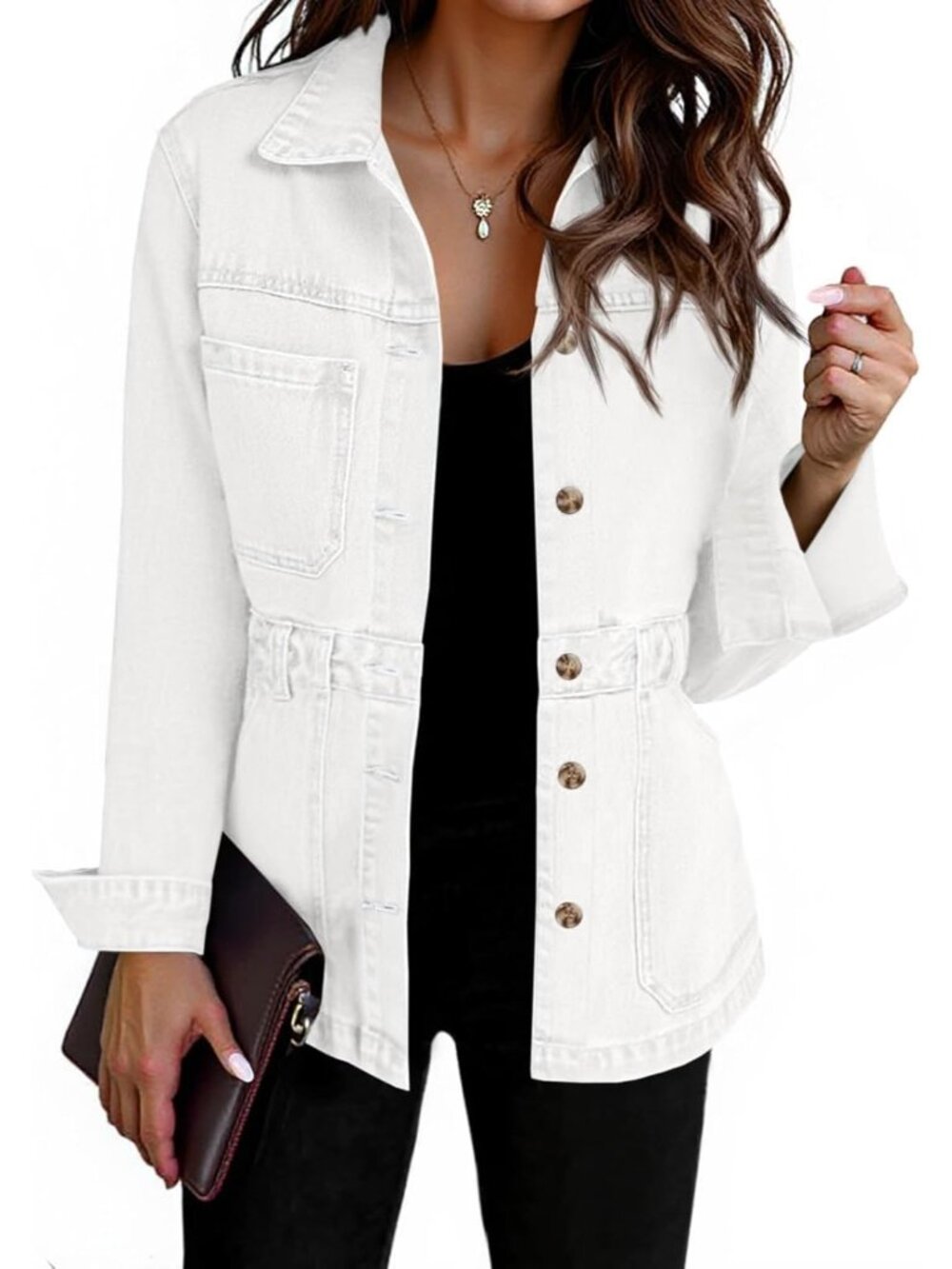 Women's White Denim Distressed Jean Jacket Oversized Button Down Front Jacket